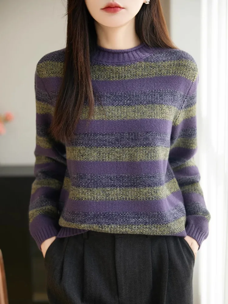

Loose Long Sve round Ne Knitted Base irt Women's Vintage Inner Wear Color Blo Floral Tead Stripe New Autumn Winter