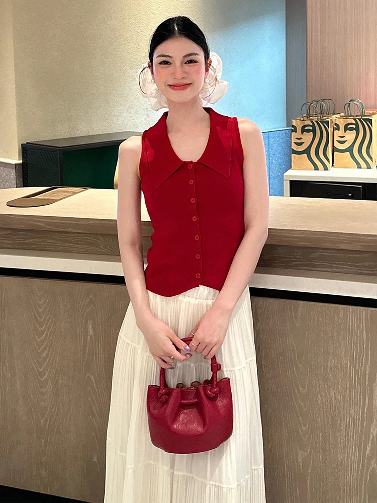 

Красный вязаный жилет для женщин, летний, премиум-класса, облегающий, тонкий, из легкой ткани, открытый кардиган