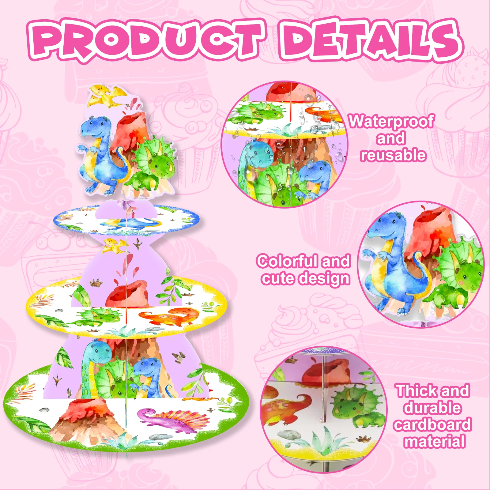 Support à cupcakes dinosaure, décorations de fête d'anniversaire à 3 niveaux pour enfants, garçons et filles, thème dinosaure, présentoir à cupcakes en carton S