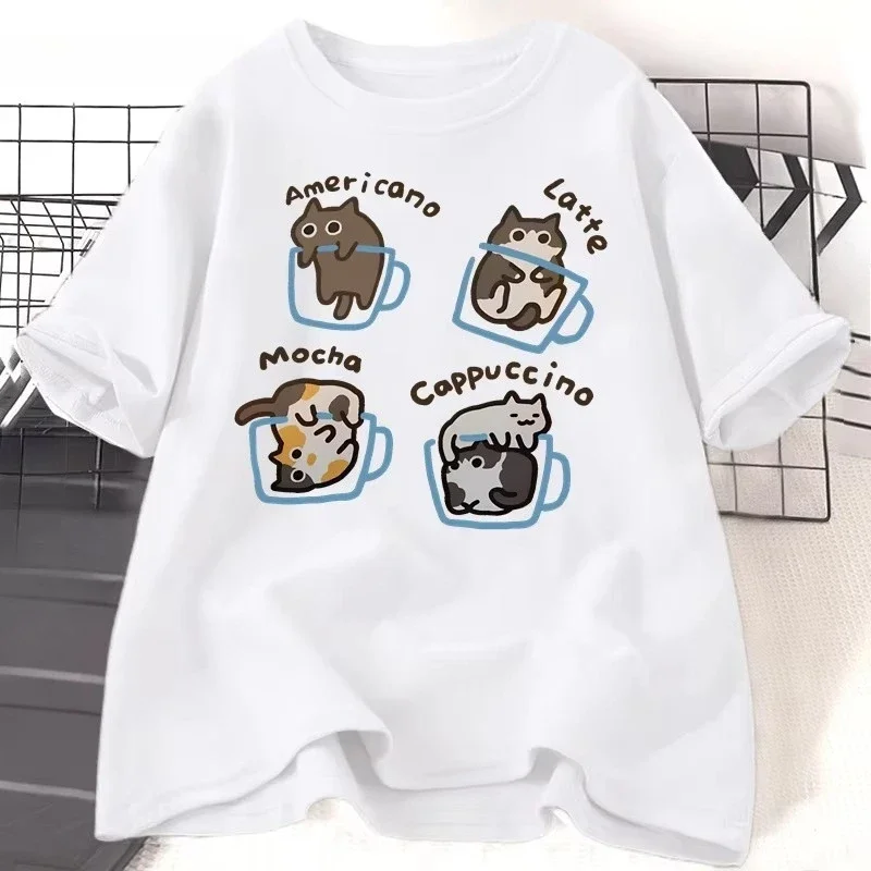 Unisex Cat Coffee Graphic T-Shirt Short Sleeve Cotton Summer Casual Work Tee Funny Printed Tops for Women Men Kids
