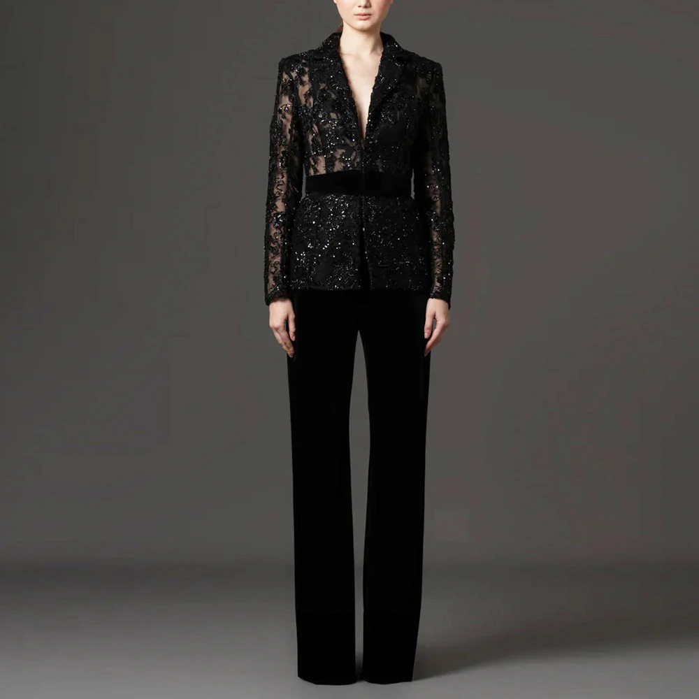 HIGH STREET 2026 Newest Designer Fashion Runway Suit Set Women's Gauze Embroidery Beaded Jacket Pants Set 2pcs
