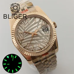 BLIGER Palm Dial Watch 36mm/39mm NH35 Automatic Movement Jubilee Strap Rose Gold Fluted Bezel Green Lume Index Sapphrie Crystal