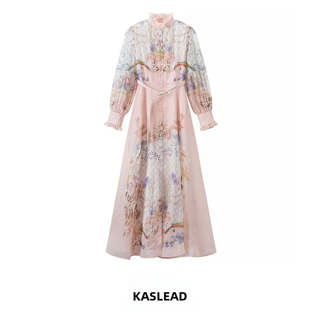 KASLEAD New Women's Fashion Design Lightweight Luxury Printed Dress Polyester Fiber A-Line Skirt Long Sleeve Casual Single Bu...