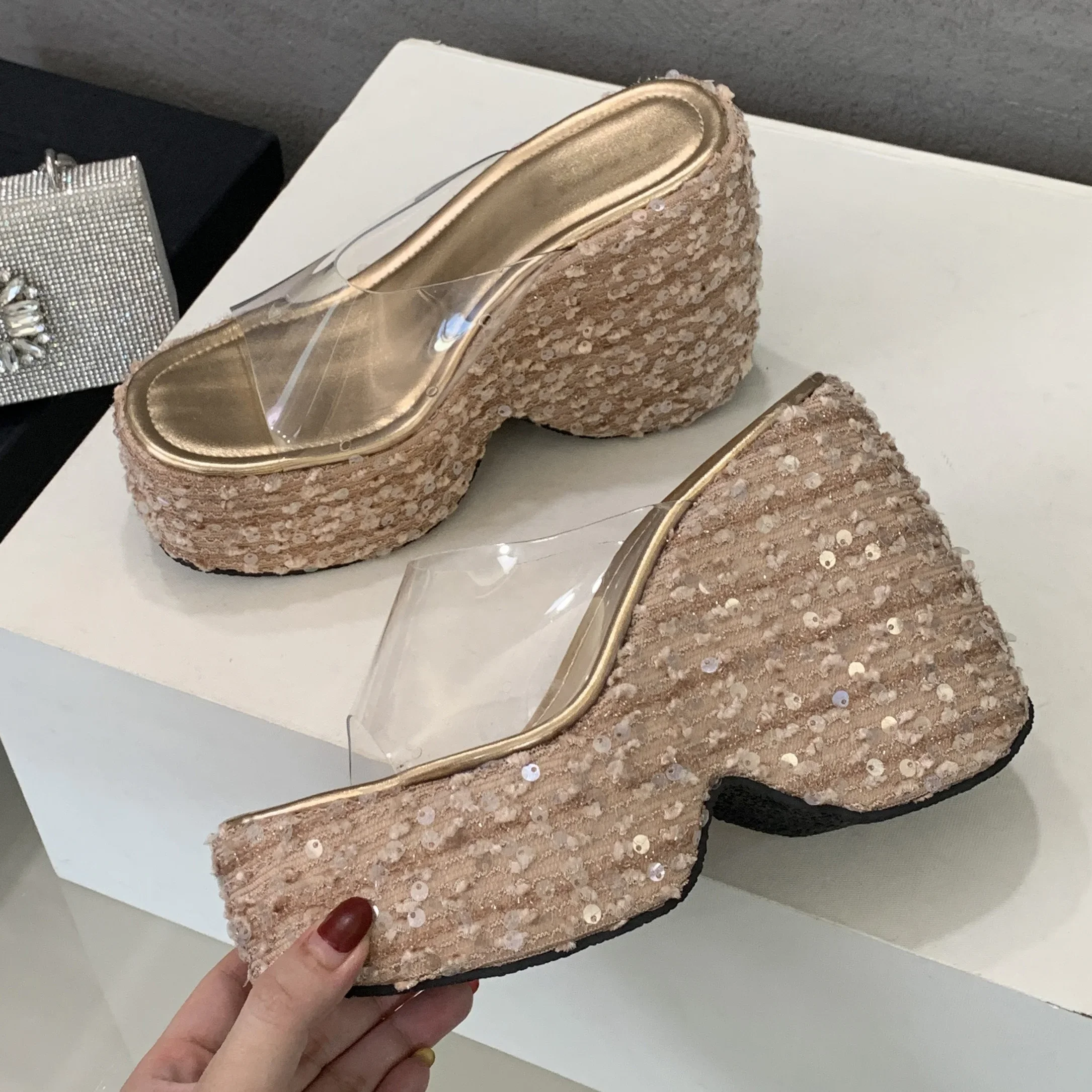 Eilyken PVC Transparen Open Toe Platform Wedges High Heels Women's Slipper Designer Bling Sequin Cloth Banquet Shoes