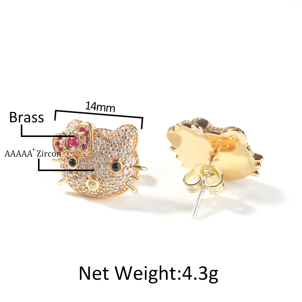 THE BLING KING Kawaii Cat Earrings for Women Full Iced Out Cubic Zirconia Bling Stud Earring Fashion Hip Hop Jewelry