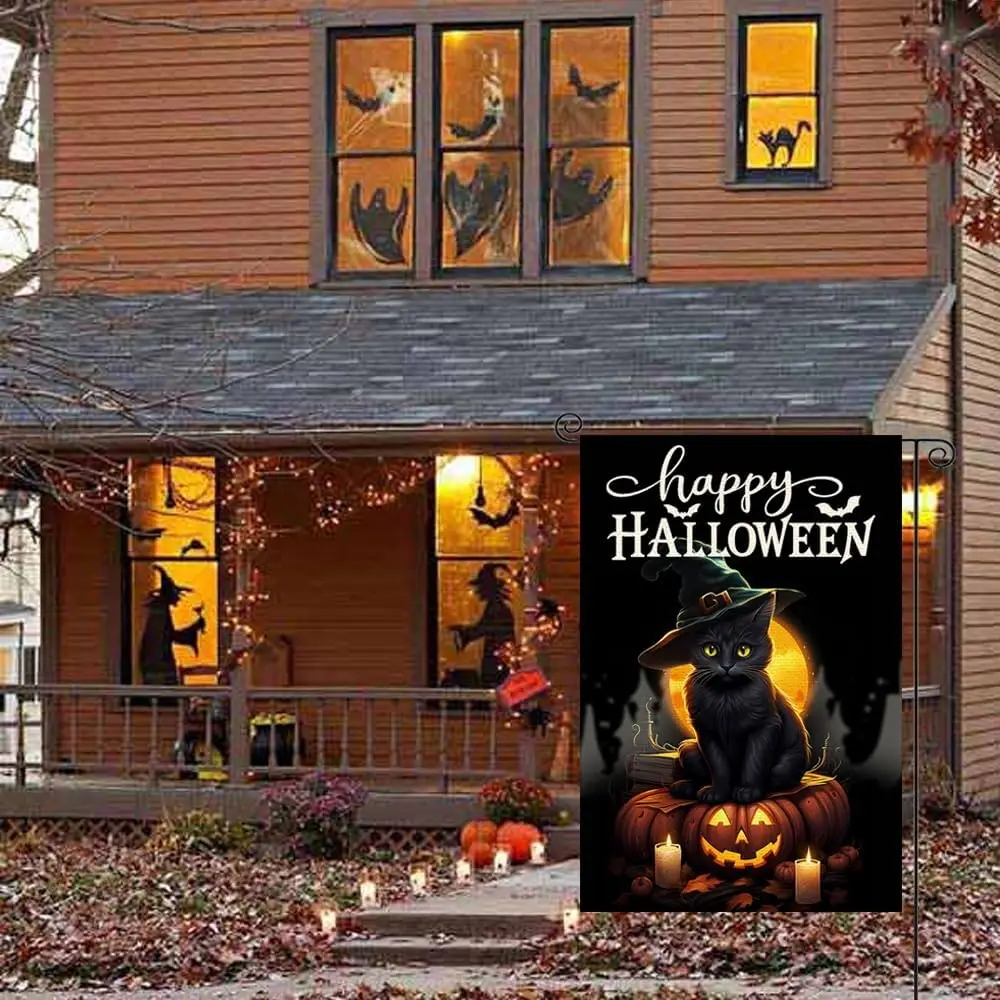 Happy Halloween Garden Flag 12x18 Inch Burlap Double Sided, Black Cat Jack-o-Lantern Pumpkin Outdoor Halloween Decorations Holid