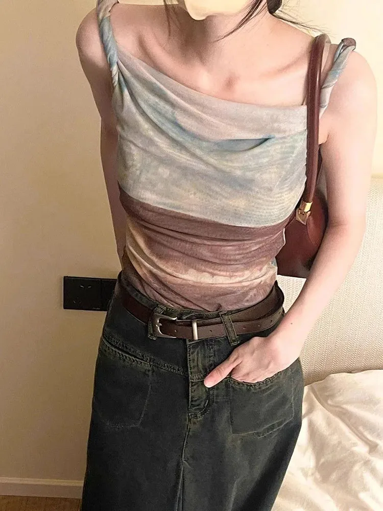 Fashion Tie Dye Mesh Women Vest Y2K Korean Chic Irregular Slim Female Crop Tops Ladies Elegant Bohemian Off Shoulder Tank