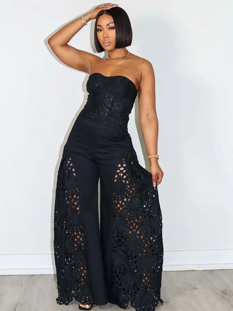BWQ elegante ahueca hacia fuera el pecho de encaje Croset tubo superior y pantalones de piernas anchas conjunto de chándales de encaje para mujer conjunto Palazzo ropa Sexy para discoteca