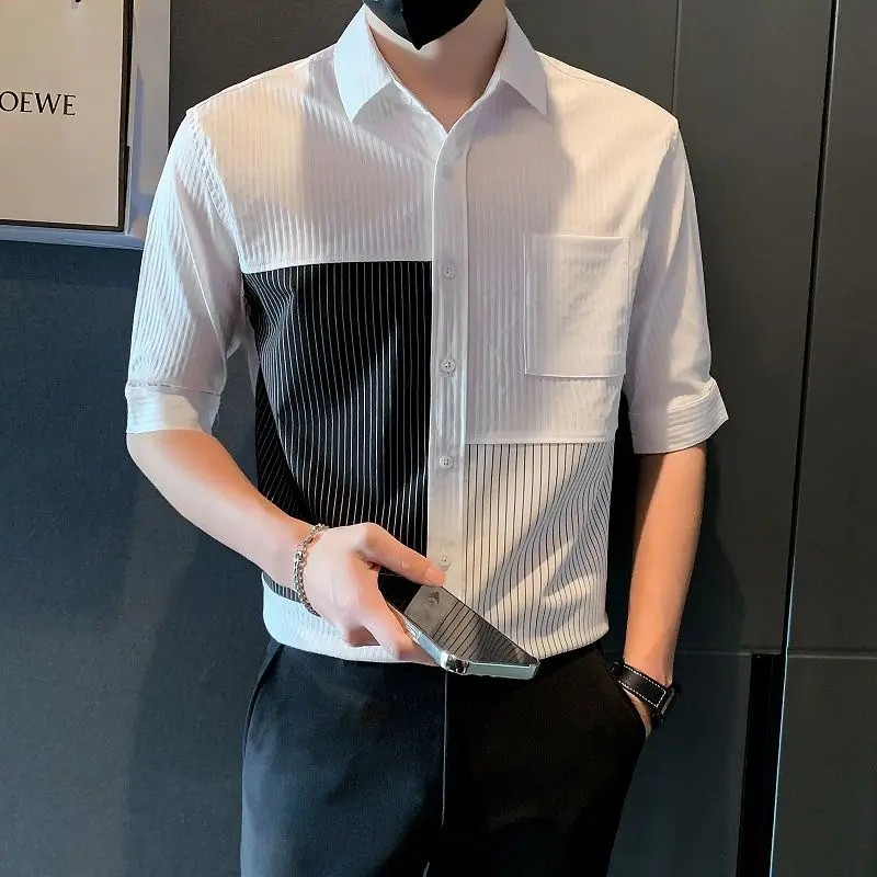 Korean Clothing Fashion Men Half Sleeve Shirts Spring Summer Contrast Color Striped Lapel Pockets Loose Streetwear Casual Tops