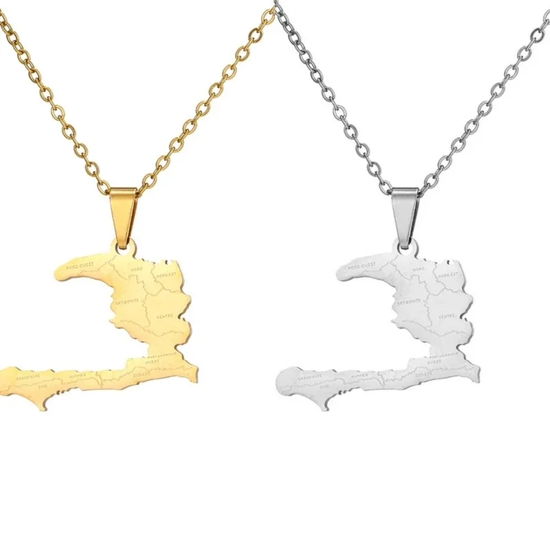 Haiti Map Pendant Necklace Stainless Steel with Departments Name Letter Haitian Ethnic Jewish Chain Collar Clavicle Choker