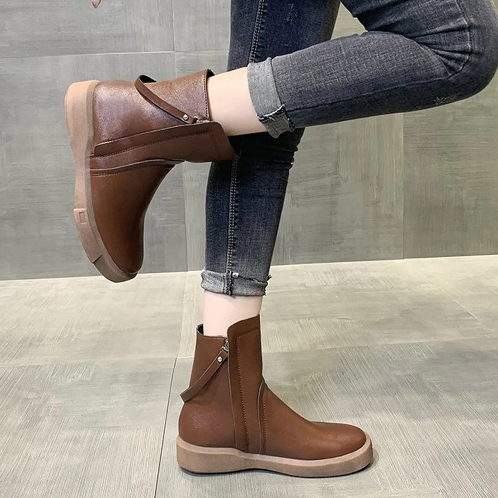 Leather Boots Women Flat Toe Women Fashion Zipper Platform Shoes Shoes Boots Retro Boots Round Women\'S Ladies Shoes And Boots