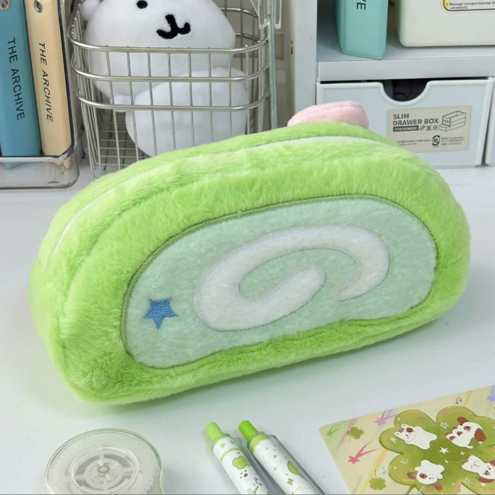 INS Melon Swiss Roll Green Plush Pencil Case Bag Creative Stationery Storage Bags Large Capacity Desk Organizer for Students