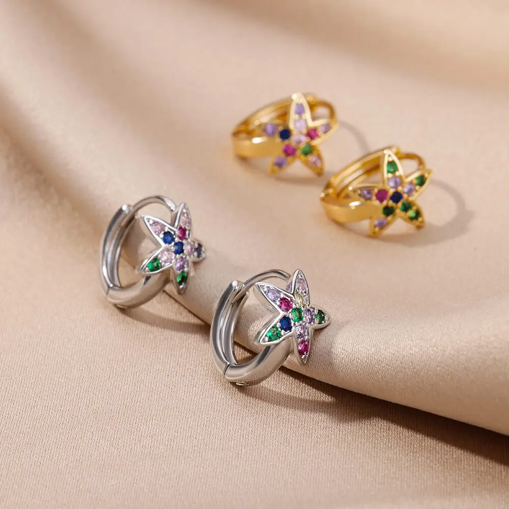 Colored Zircon Star Flower Earrings For Women Stainless Steel Petal Sunflower Hoop Earrings Luxury Jewelry Party Gifts brincos