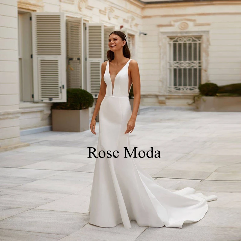 Rose Moda Illusion Deep V Neck Mermaid Wedding Dress with Removable Long Sleeves Lace Jacket Bolero