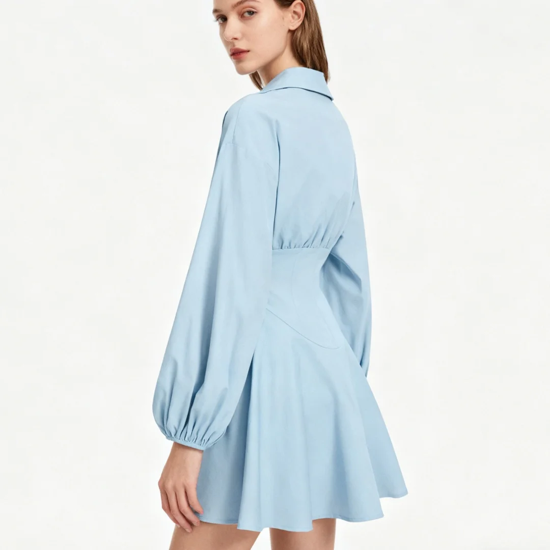 فستان نسائي قصير عصري بلون سادة، خصر عالي، أكمام منتفخة، تنورة منفوشة، مزاج أنيق لمظهر كاجوال أنيق