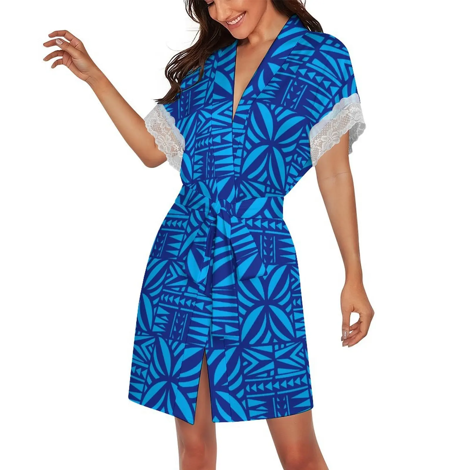 

Customized Tribal Ethnic Pattern Hawaiian Women'S Casual V-Neck Lace-Trimmed Short-Sleeved Belt Comfortable Nightgown