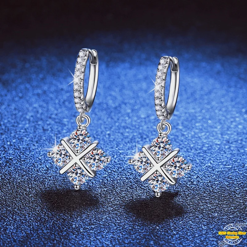 

2.4ct Moissanite S925 Silver Drop Earrings for Women Plated Platinum Cross Pattern Ear Stud Lover Gift Jewelry Wholesale