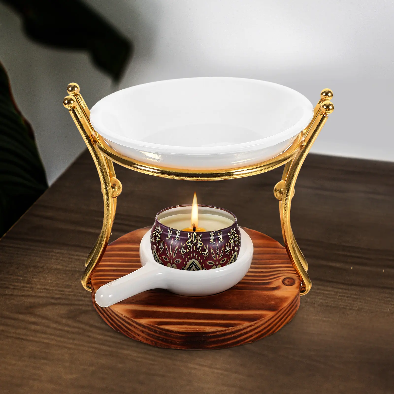 1Set Wooden Ceramic Iron Aroma Burner Essential Oil Diffuser Tealight Wax Warmer Incense Holder Decorative Desk Ornament Scented