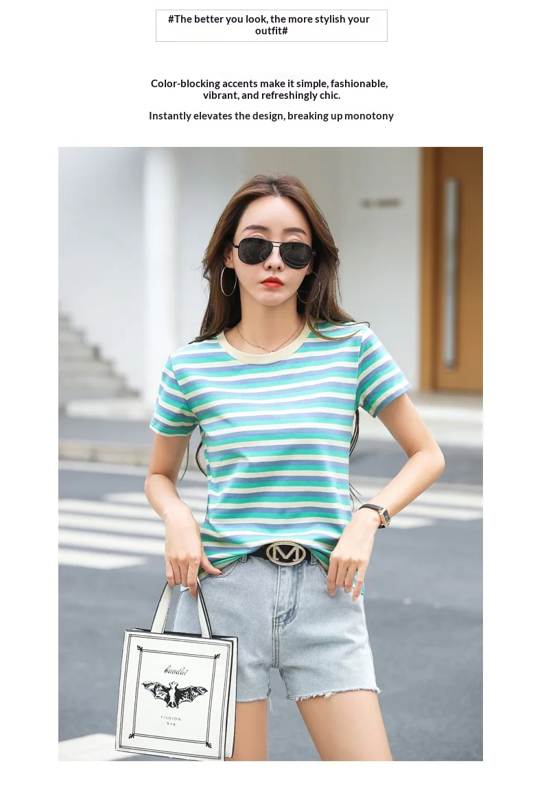 Damen Sommer T-Shirt mit Streifenmuster, kurze Ärmel, neu, schlankmachend, lockere Passform, halblange Ärmel, lässiges Basic-Oberteil – Detail 5