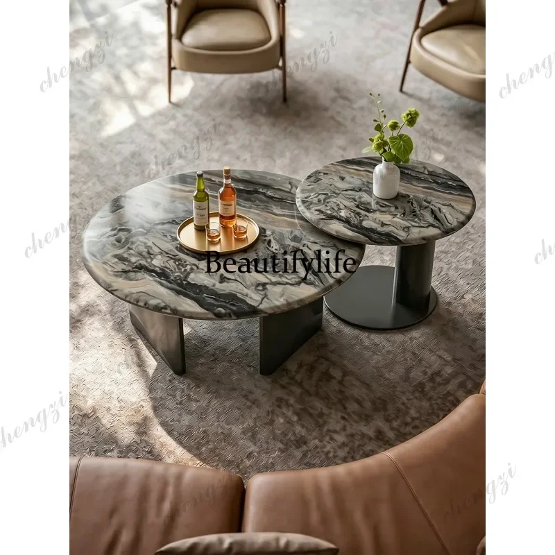 A68Venice brown luxury stone coffee table Italian light luxury designer living room natural marble table