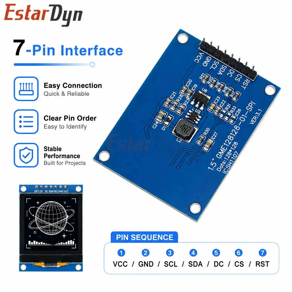 Estardyn 1.5 Inch OLED Display Module 128x128 SH1107 Driver SPI 7Pin Monochrome for Raspberry Pi STM32 ESP32 DIY Electronics