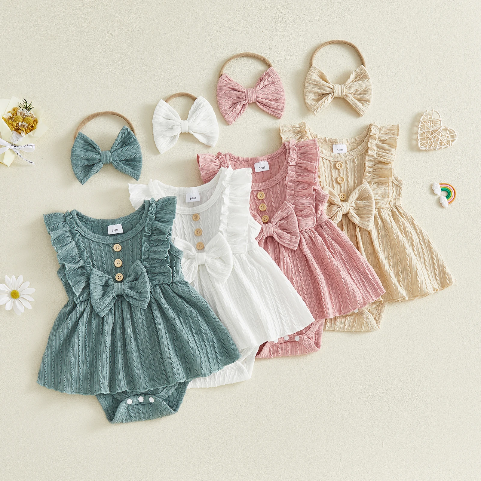 Baby Girls Rompers Solid Color Ruffles Sleeveless Crew Neck Bowknot Skirt Hem Infant Bodysuits Jumpsuits with Headband