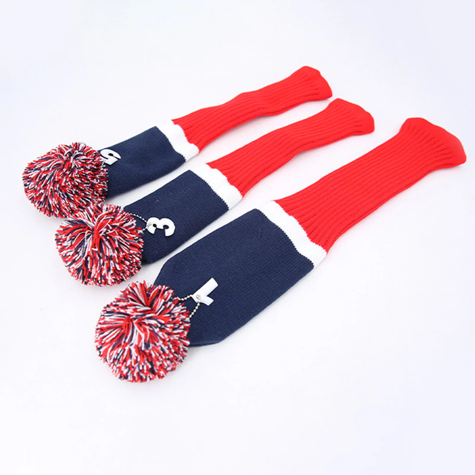Blue Red 3Pcs/Set Golf Club Knitted Cover Color Block Long Style Head Covers with Pom-Pom and Number Tag for Woods view 3