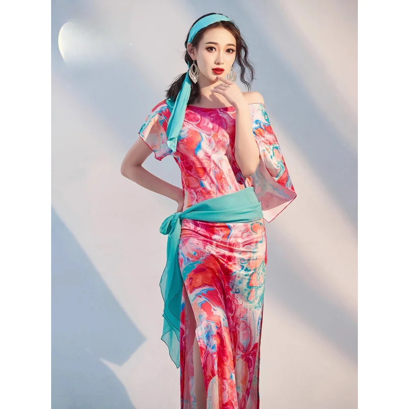 New Style Belly Dance Robe Printed Folk Shaabi Practice Outfit Baladi Oriental Dance Performance Costume