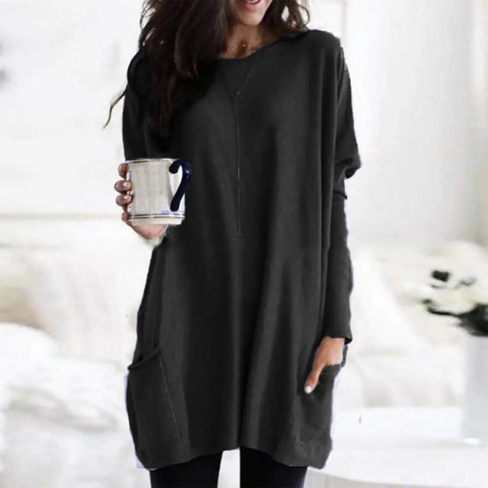 

2024 Women Long Sleeve O Neck Women Blouses Pullover Loose Solid Color Pocket Spring Autumn Tshirt Tunic Top camisetas