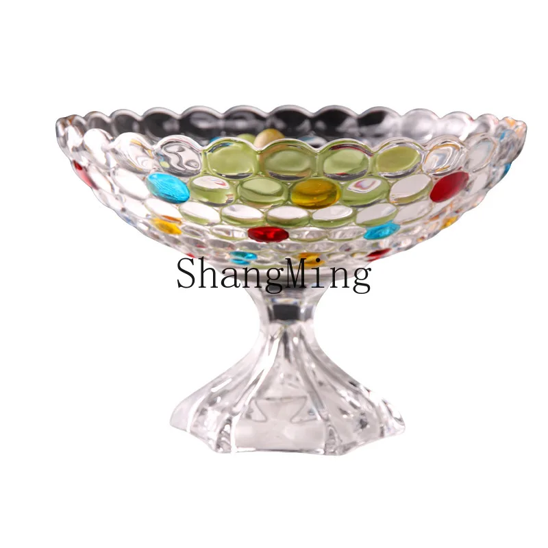 

PYH colored painted glass fruit plate, tall dried fruit snack plate, household living room crystal glass fruit basin