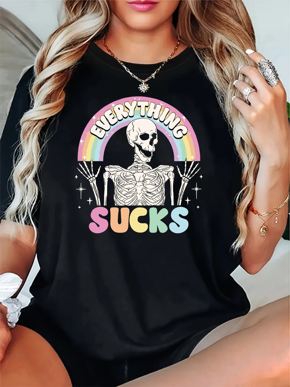 Women'S Casual T-Shirt with Everything Sucks Skeleton Graphic Knit Fabric Crew Neck Slight Stretch Summer Top