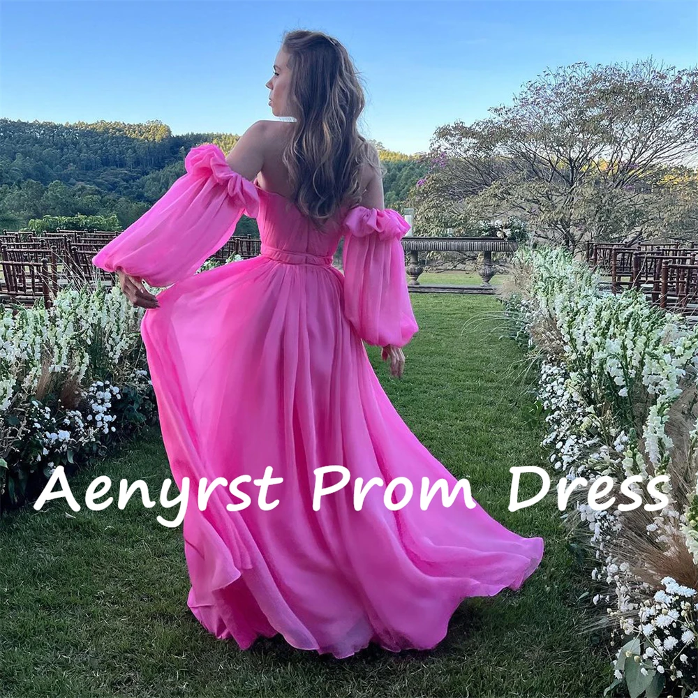 Aenyrst Vestido largo de gasa con hombros descubiertos para fiesta de cumpleaños, traje de noche largo hasta el suelo con mangas abullonadas, corsé de línea A