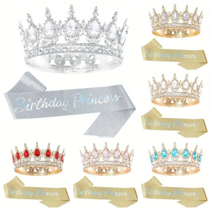 

Bling Rhinestones Birthday Party Kit Tiara Crown Princess Sash Women Happy Birthday Hair Accessories Prom Gifts Decorations