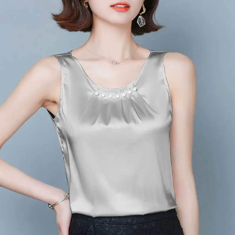 Silk Women Tops Satin Blouses for Women Beading Silk Blouse Top Woman Sleeveless Shirts Tops Sexy Woman Satin Shirts