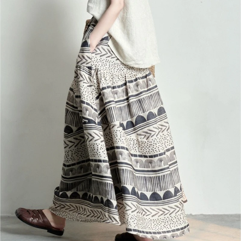 Gonna mezza lunghezza traspirante in lino stile artistico nuovo design originale estivo 2025 per donna