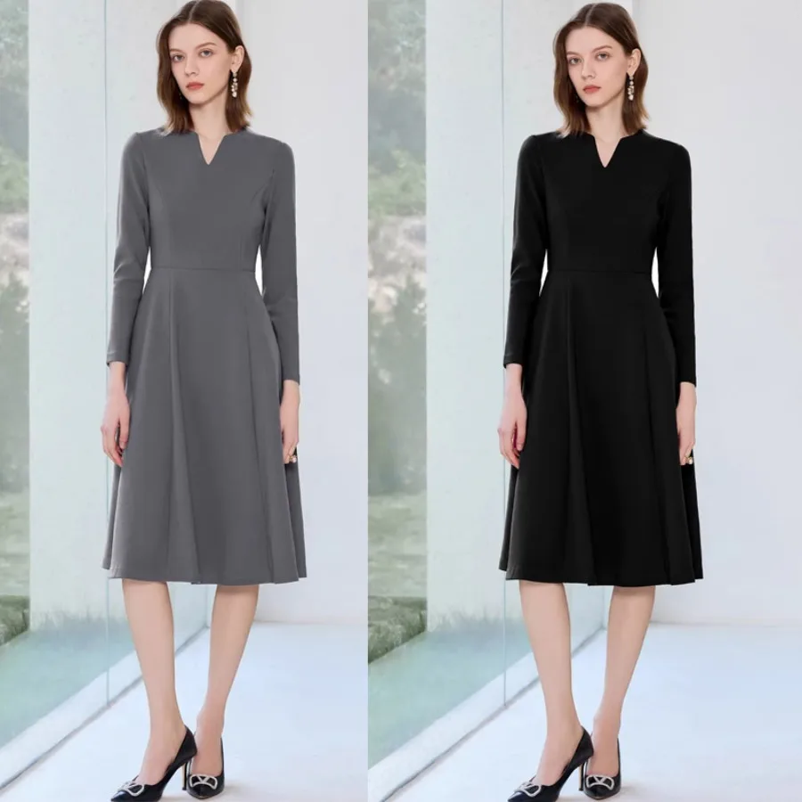 

【New style】Spring fashionable long-sleeved V-neck high-quality gray women's dress, slim slimming, simple medium-long simple umb