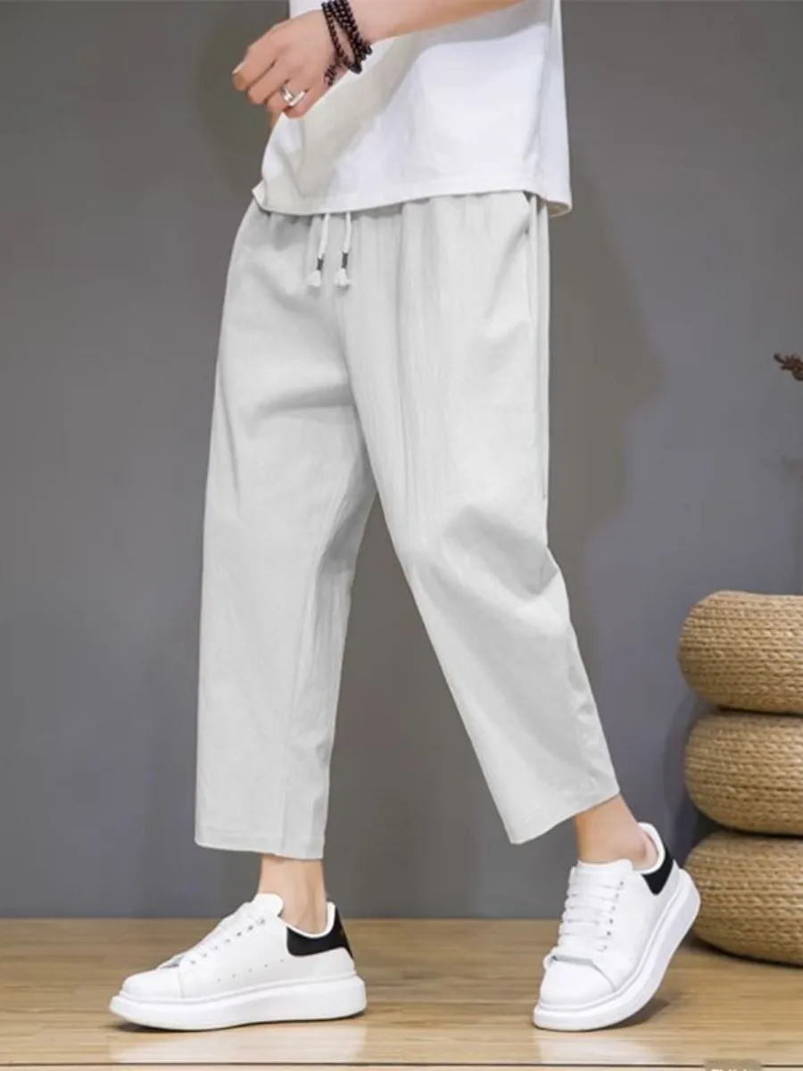 Men's Linen Casual Pants Loose Fit Summer Cotton Linen Breathable Nine-Piece Straight Leg Trousers Comfortable Natural Waist