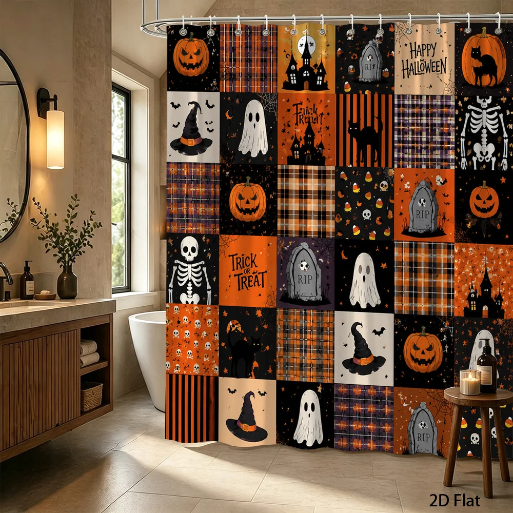 New in 2026 1pc Halloween Bath Shower Curtain Orange Pumpkin Ghosts Skeletons Witch Hat Plaid Design Polyester Fabric Bathroom Decor Tub Divider Curtain 70.8X70.8 Inch with Hooks