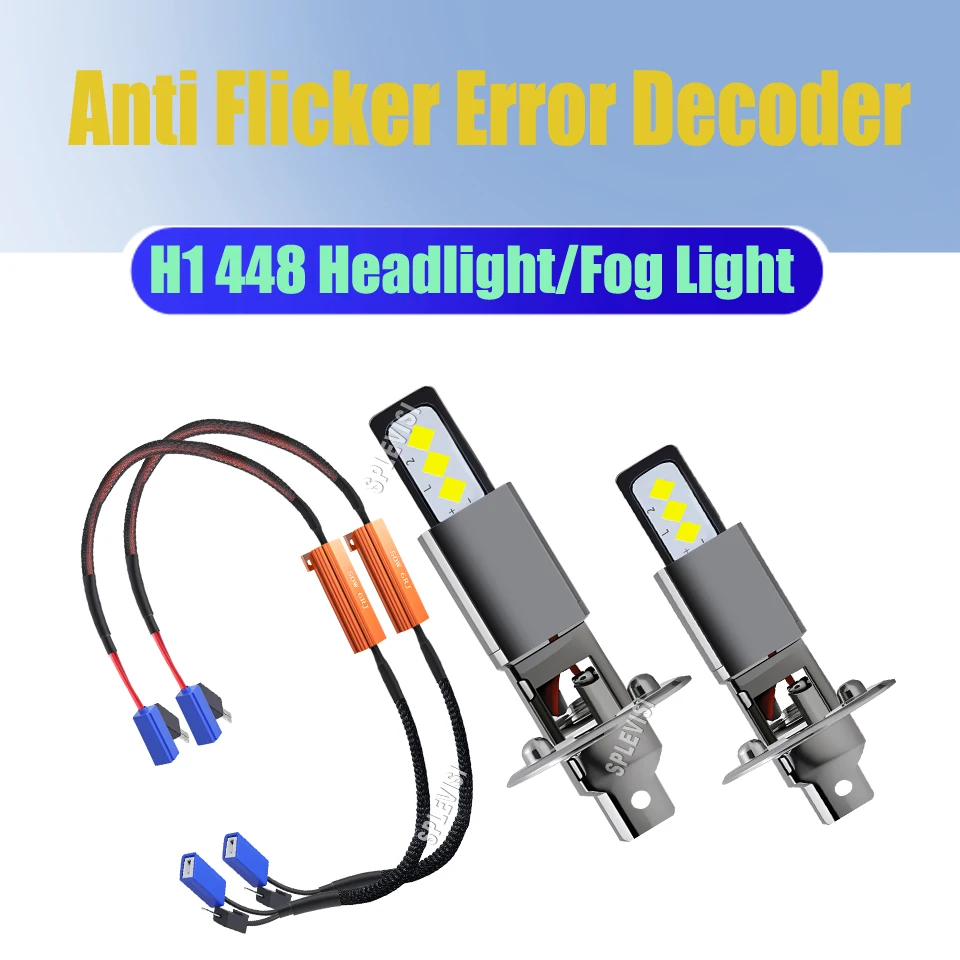 

Paif of 12v H1 448 LED Headlight Fog Light Bulbs 6500K White IP67 Waterproof + Relay Harness Adapter Anti Flicker Error Decoder