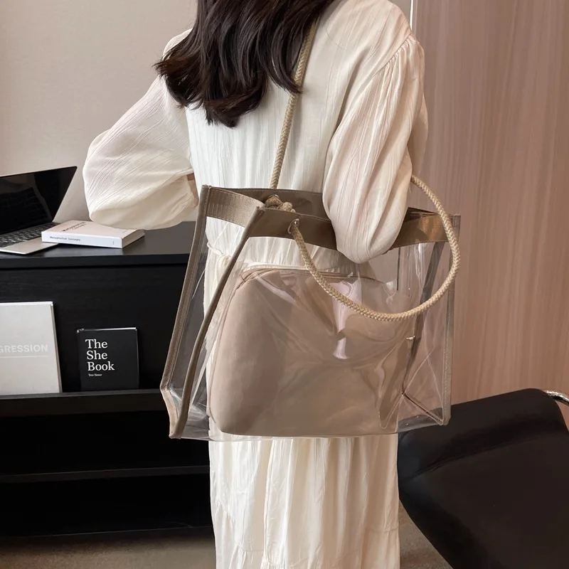 Trendy Transparent Tote Bag with Female Niche Design, Single Shoulder Simple and Large Capacity Waterproof Composite Bag