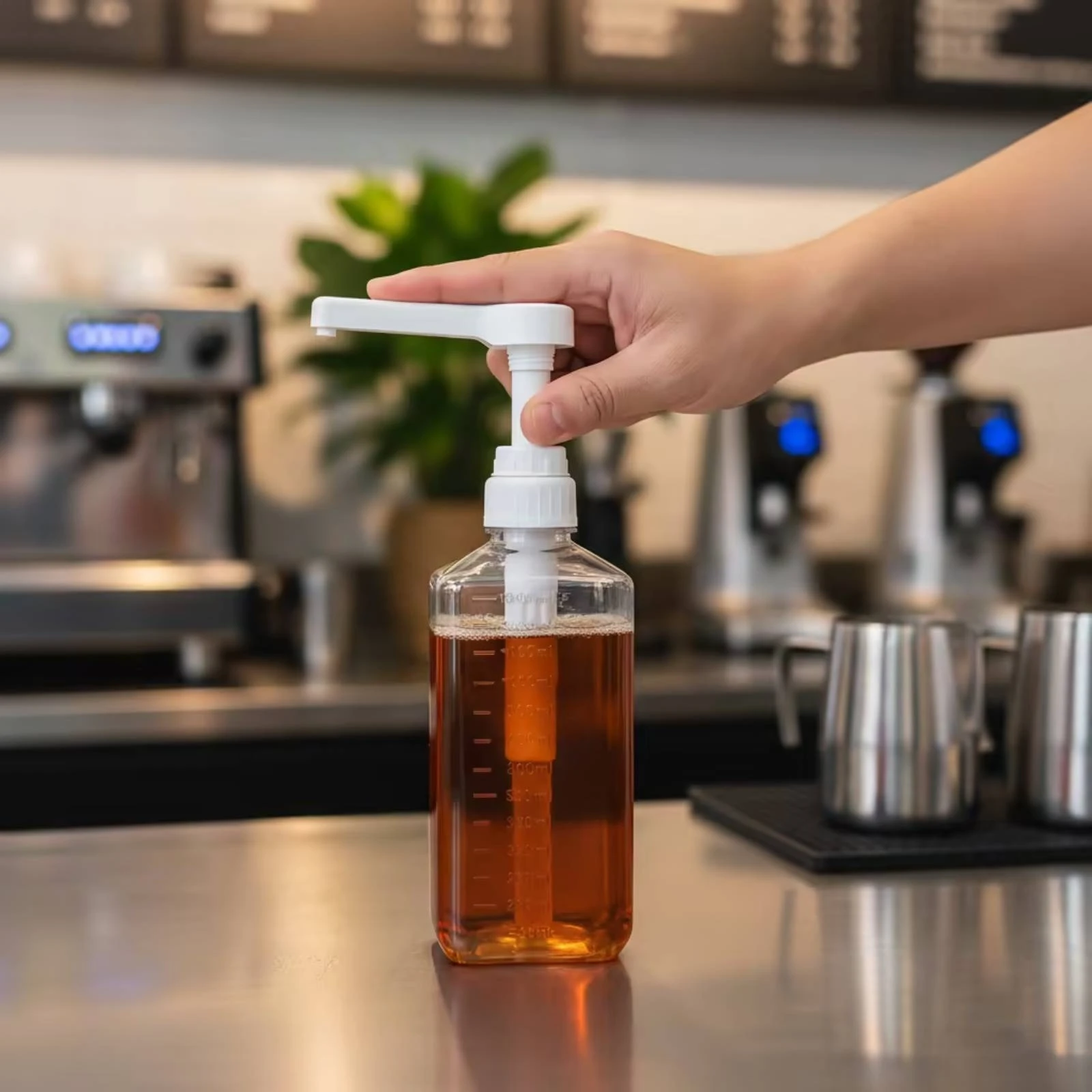 Syrup Dispenser with Pump Clear Sauce Dispenser with Pump Bottle with Measuring Scale Plastic Container Graduated for Baristas view 4