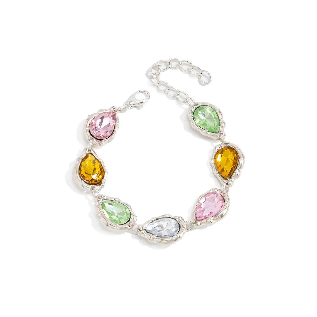 Colorful Teardrop Crystal Link Bracelet for Women Silver Textured Molten Faceted Gemstone Bracelet Dopamine Jewelry