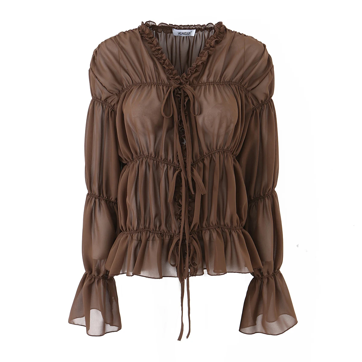 CHIC Coffee Bow Lacing up Front V neck Ruched Lotus Root Long Sleeve Shirt Spring Summer Women Sheer Loose Chiffon Blouse Tops
