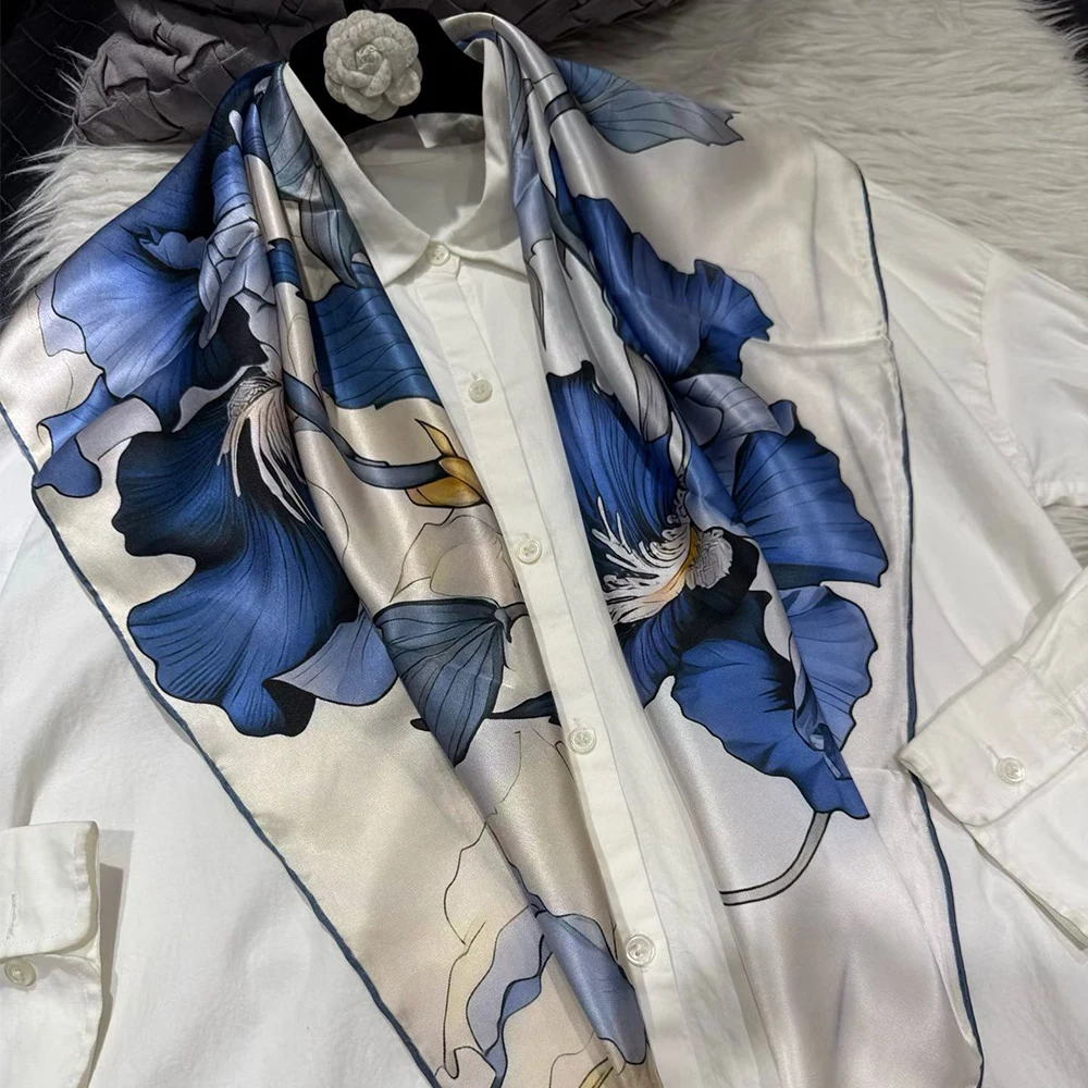 [BYSIFA] Blue White Women 100% Silk Scarf Shawl Spring Fall Square Silk Head Wrap for Hair Winter Fashion Brand Scarves Hijabs