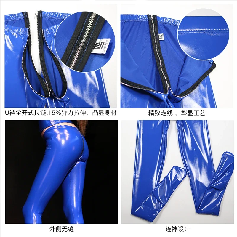 Damskie legginsy z otwartym kroczem z lakierowanej skóry, egzotyczne rajstopy, seksowne, dopasowane spodnie z niskim stanem, efekt mokrego wyglądu, odzież klubowa na zamówienie.