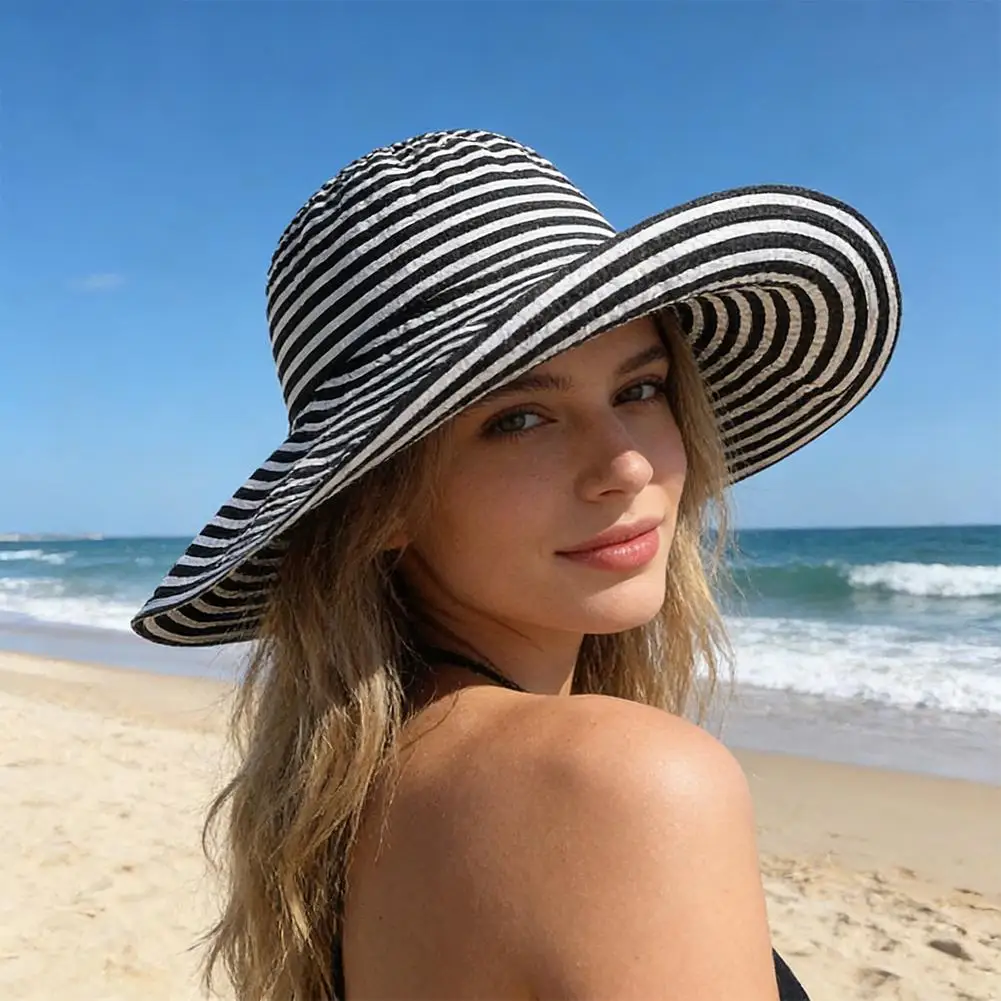 Retro Striped Large Brimmed Fisherman Hat Fordable Sun Protection Panama Caps For Girls Outdoor Beach Tour Fishmen Cap