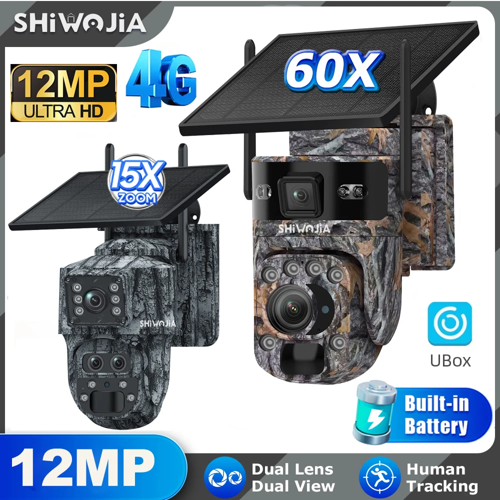 SHIWOJIA 6K 12MP 4G Solar Security Camera 60X ZOOM Outdoor 360° View Animal Monitoring Solar Battery Security Surveillan Video