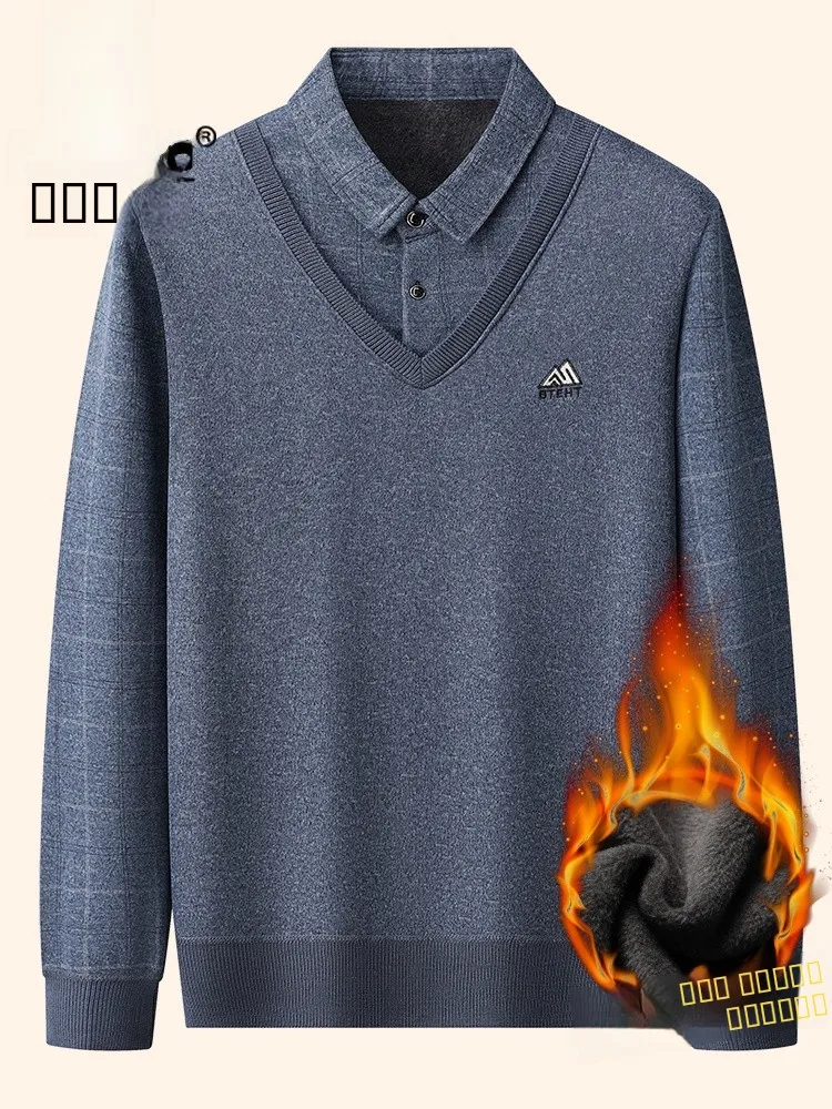 

Утепленный вязаный свитер с эффектом двухслойности для мужчин, с длинными рукавами, новый дизайн, из полиэфирного волокна, повседневная одежда