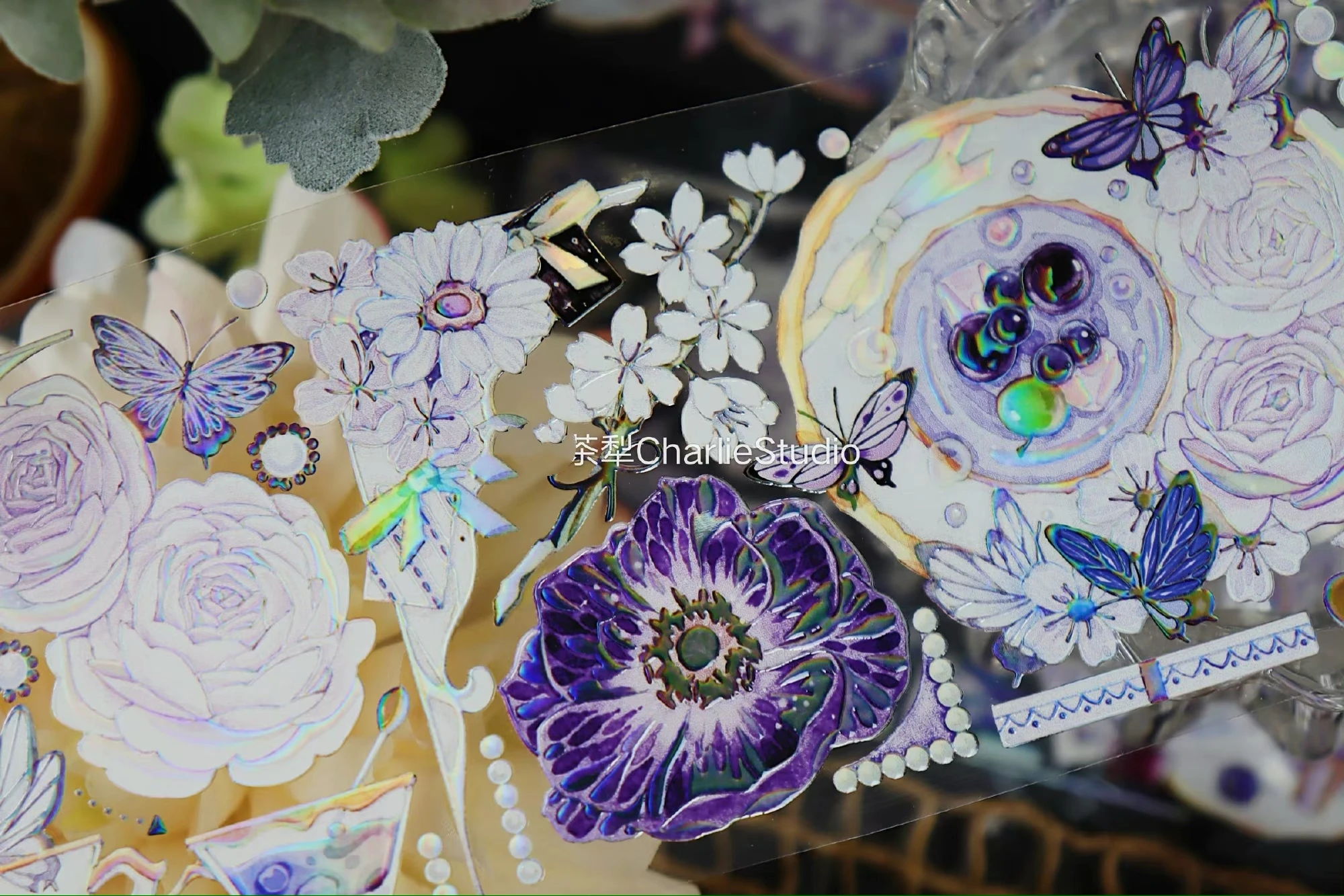 Vintage Night Purple Rose Butterfly Crystal Washi PET Tape for Card Making DIY Scrapbooking Decorative Sticker