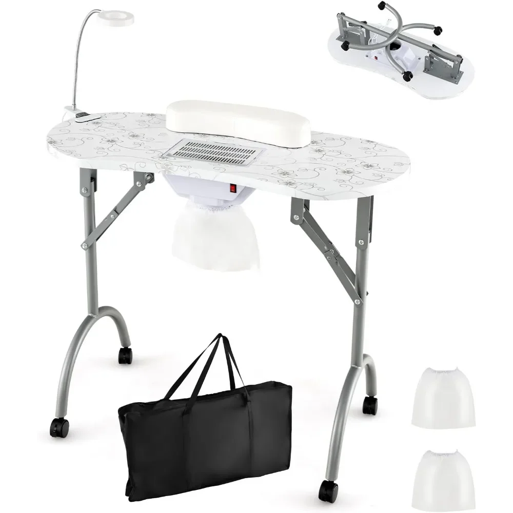 Foldable Nail Technician Desk W/Electric Dust Collector, Bendable LED Lamp, Removable Armrest Pad, Carry Bag, Nail Table